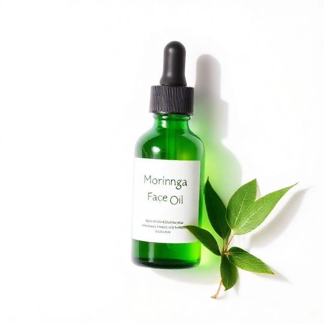 Product photo on white: Moringa Face Oil in a green-tinted glass dropper bottle with minimal label 'Moringa Face Oil'.