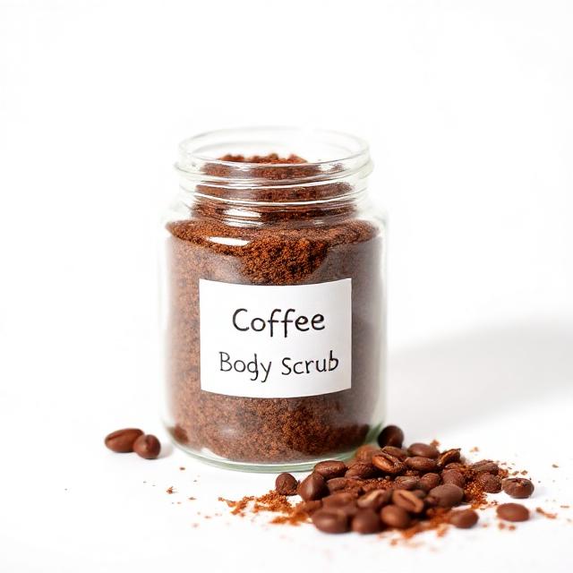 Product on white: Coffee Body Scrub in clear jar showing granular scrub.