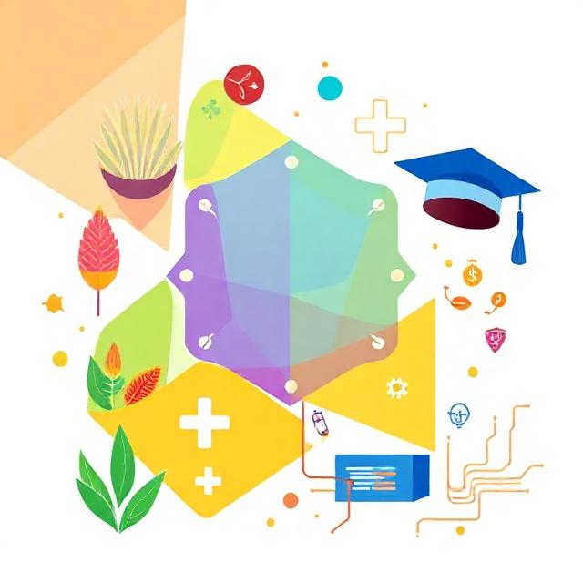 Illustration professionnelle et colorée d’informatique appliquée pour l’agriculture, la médecine et l’éducation, style institutionnel avec accents or, sans texte